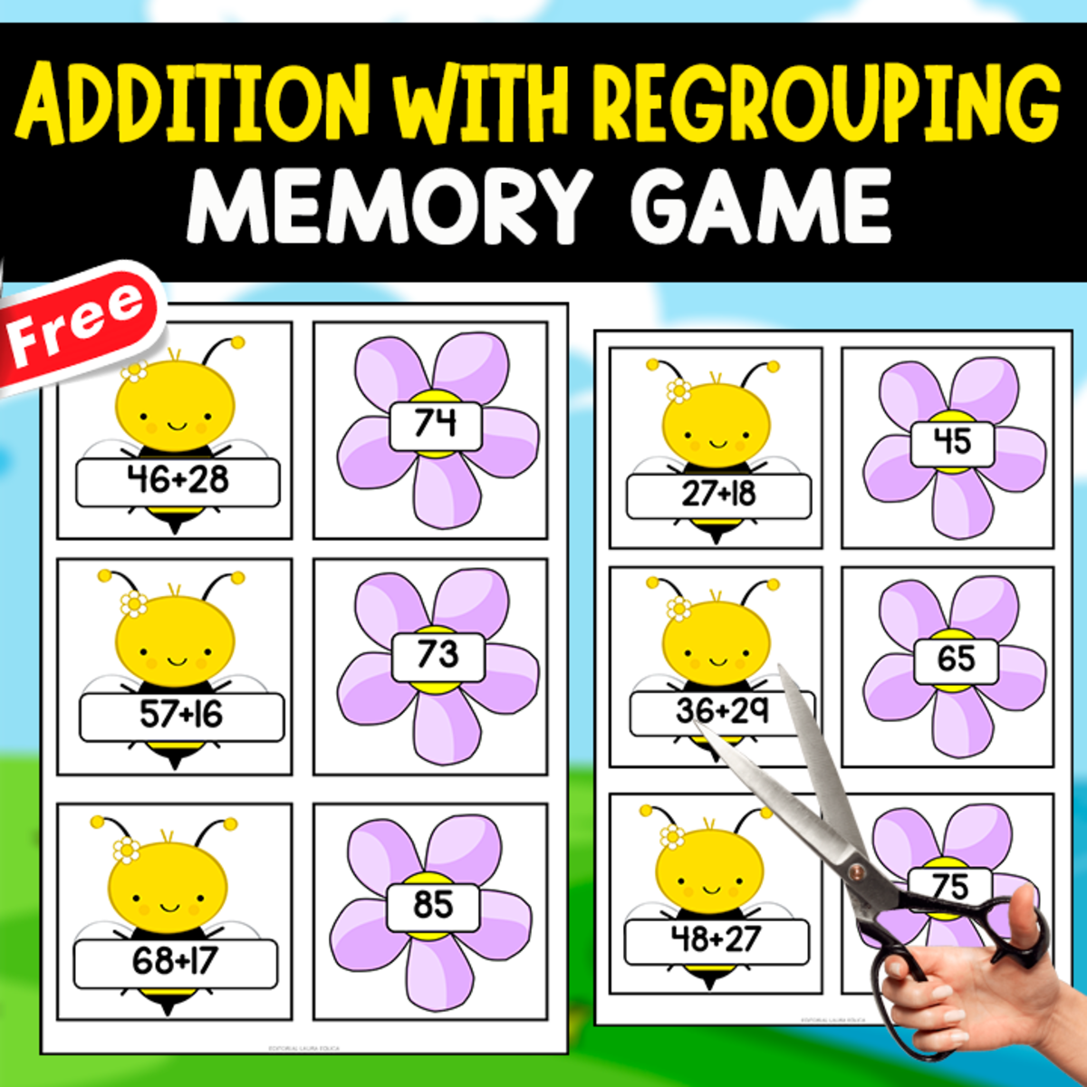 An educational teaching resource from EDITORIAL LAURA EDUCA entitled ADDITION WITH REGROUPING MEMORY GAME | 20 FLASHCARDS downloadable at Teach Simple.
