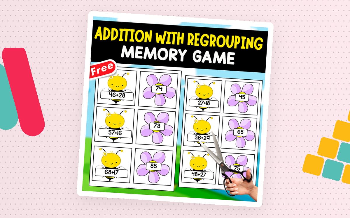 An educational teaching resource from EDITORIAL LAURA EDUCA entitled ADDITION WITH REGROUPING MEMORY GAME | 20 FLASHCARDS downloadable at Teach Simple.