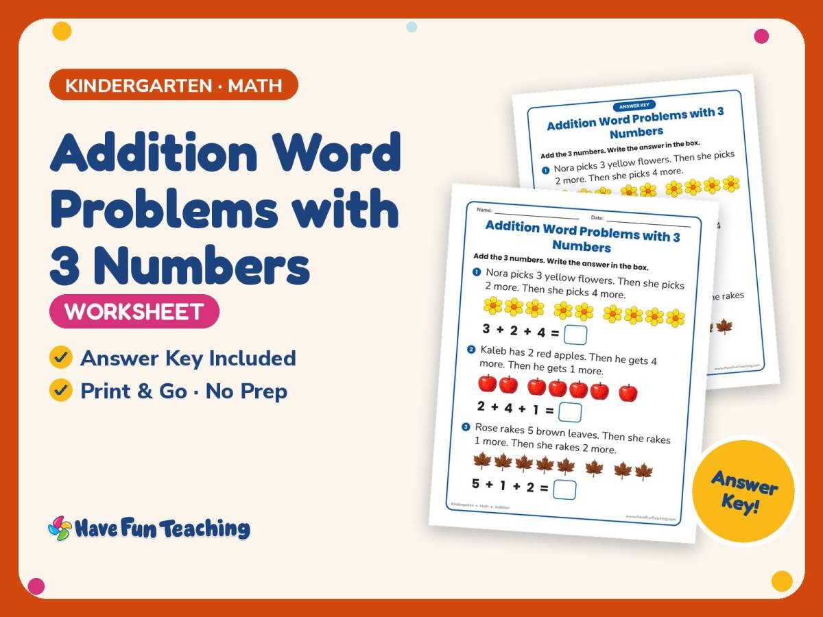Addition Word Problems with 3 Numbers Worksheet – Kindergarten Math by ...