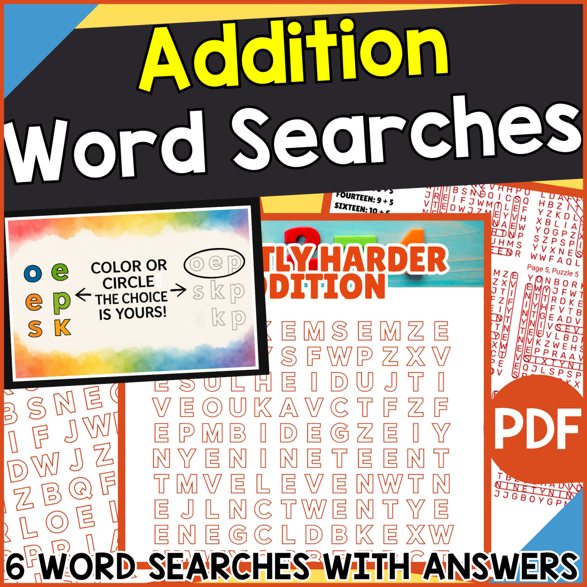 An educational teaching resource from Cored Education entitled Addition Word Searches (PDF) downloadable at Teach Simple.