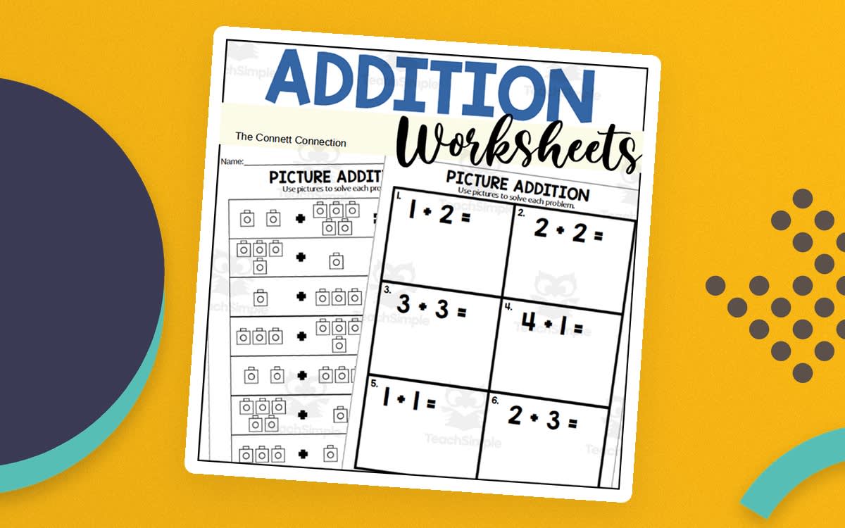 An educational teaching resource from The Connett Connection entitled Addition Worksheets with Drawing Objects downloadable at Teach Simple.
