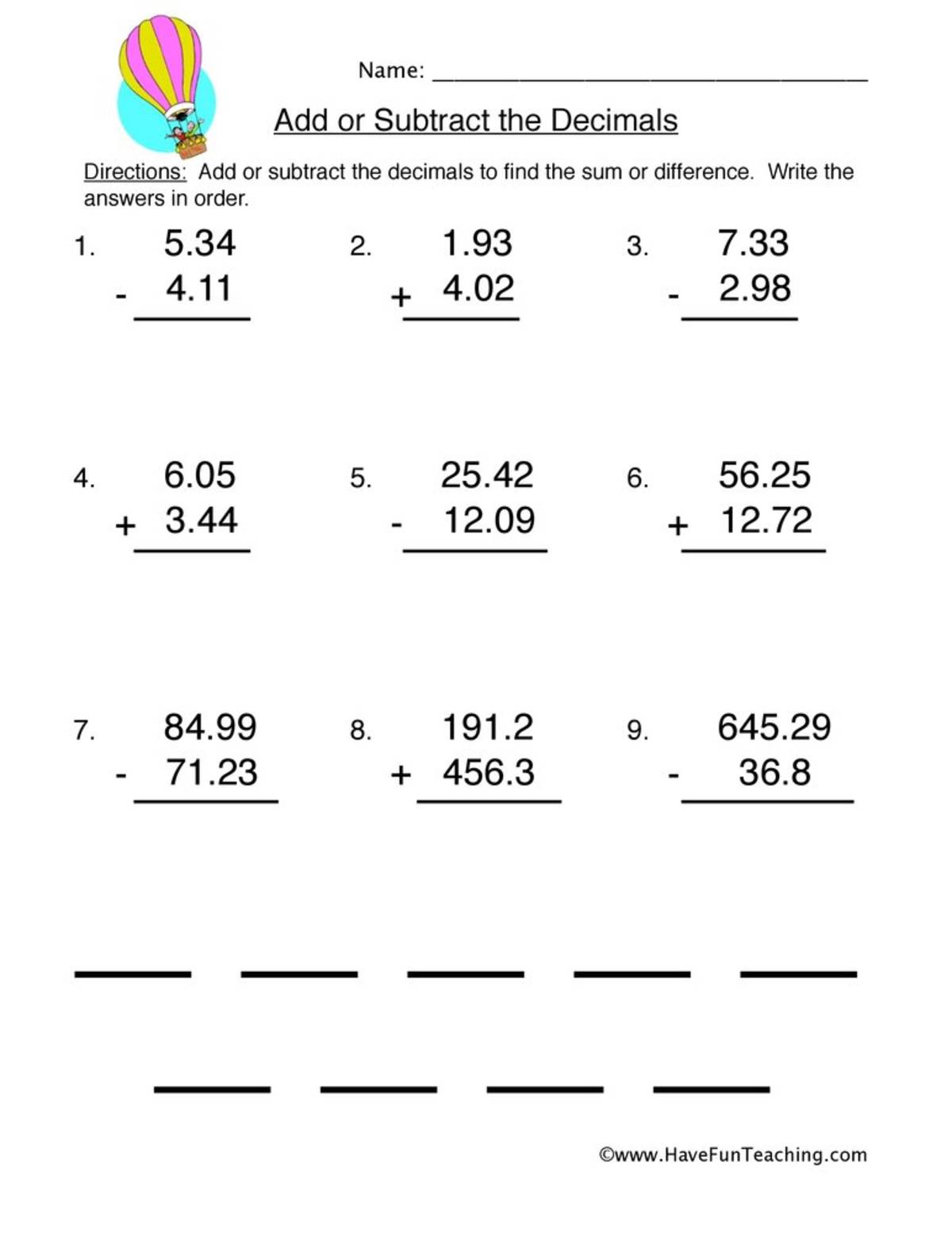 An educational teaching resource from Have Fun Teaching entitled Add/Subtract Decimals Worksheet downloadable at Teach Simple.