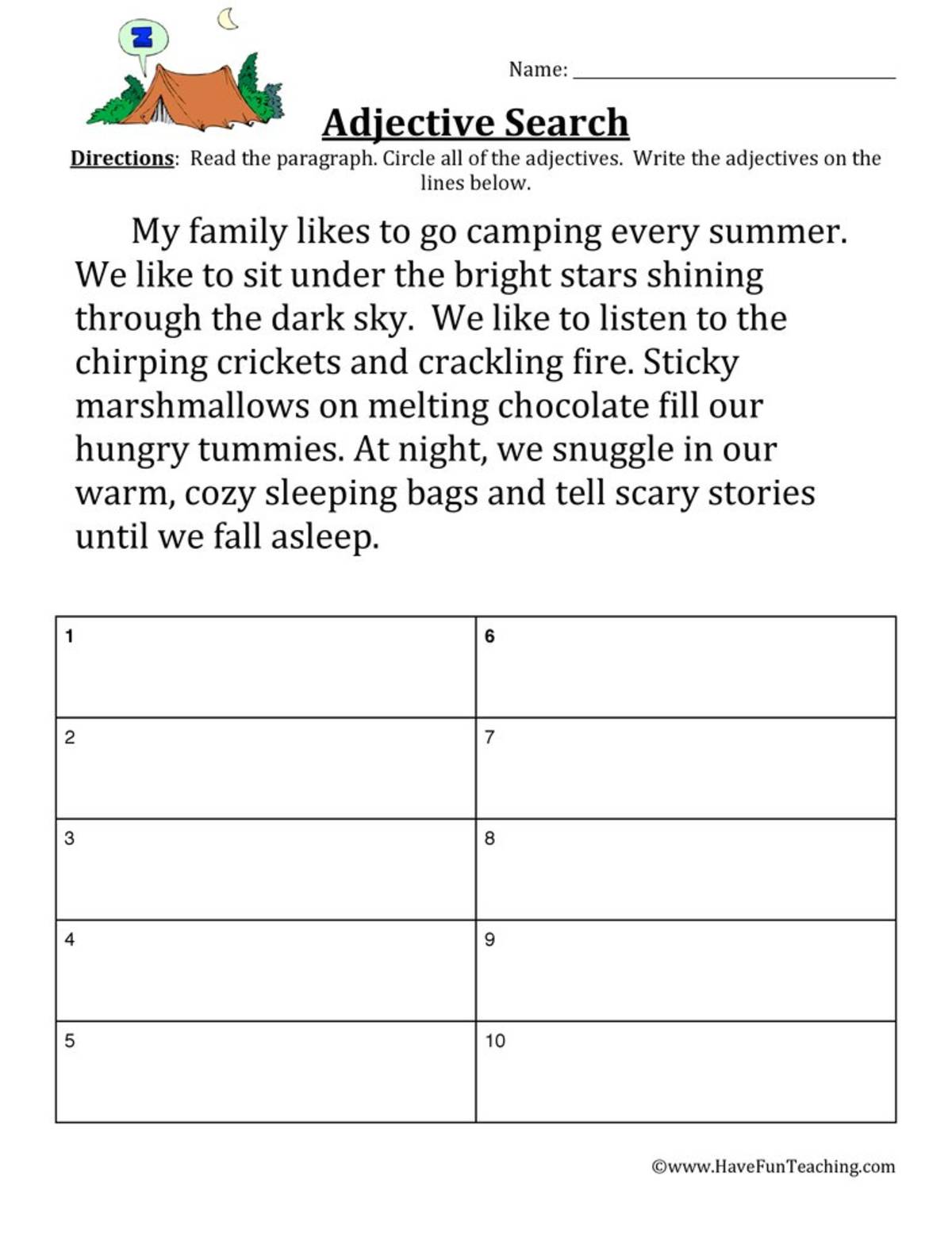An educational teaching resource from Have Fun Teaching entitled Adjective Camping Story Worksheet downloadable at Teach Simple.