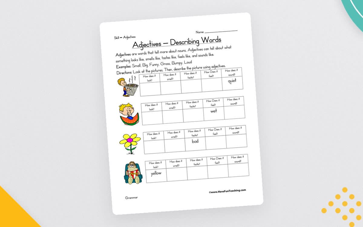 An educational teaching resource from Have Fun Teaching entitled Adjective Five Senses Worksheet downloadable at Teach Simple.
