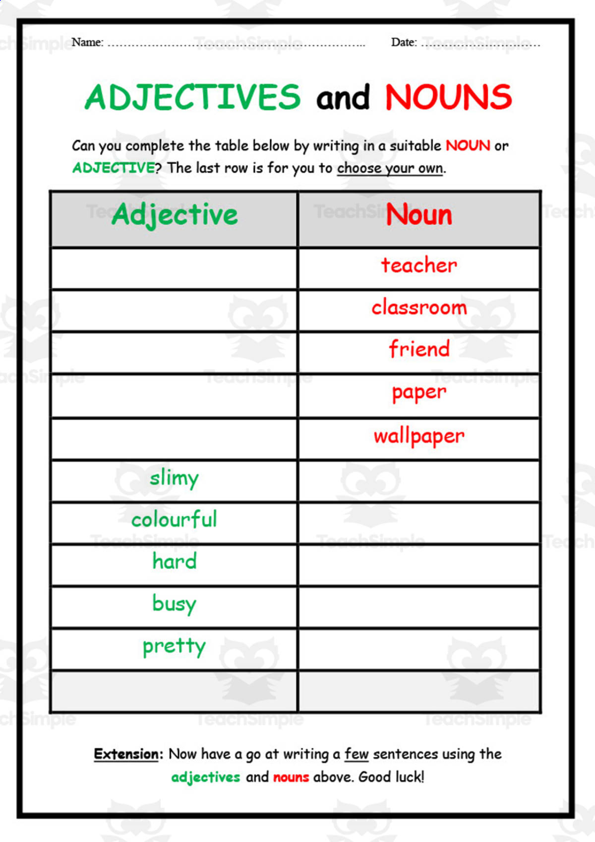 An educational teaching resource from Elementary Resources 4 U entitled Adjectives and Nouns Worksheet downloadable at Teach Simple.