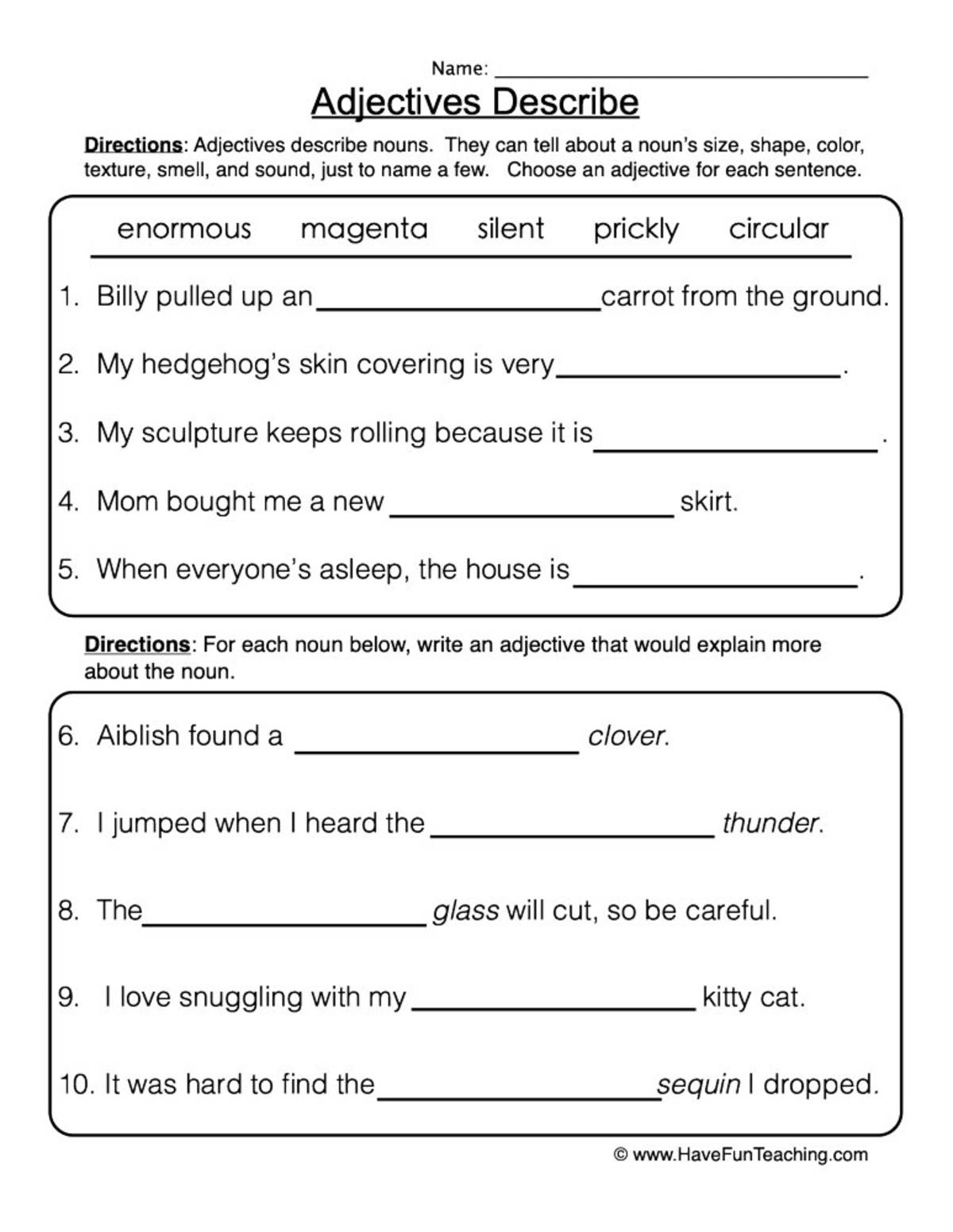 An educational teaching resource from Have Fun Teaching entitled Adjectives Describe Worksheet downloadable at Teach Simple.