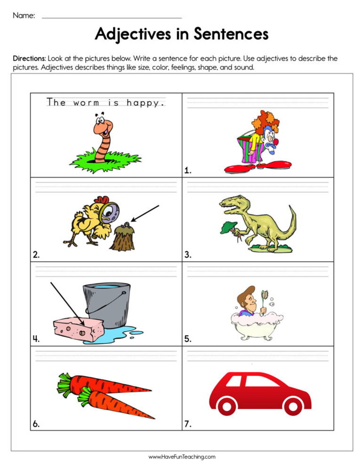 An educational teaching resource from Have Fun Teaching entitled Adjectives in a Sentence Worksheet downloadable at Teach Simple.