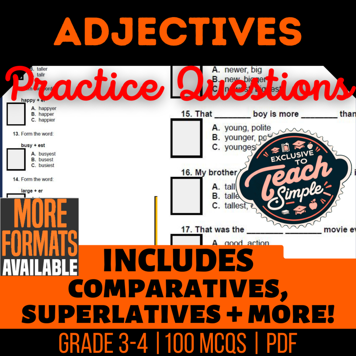 An educational teaching resource from Cored Education entitled Adjectives Practice Questions - Grade 3-4 Grammar (PDF) downloadable at Teach Simple.