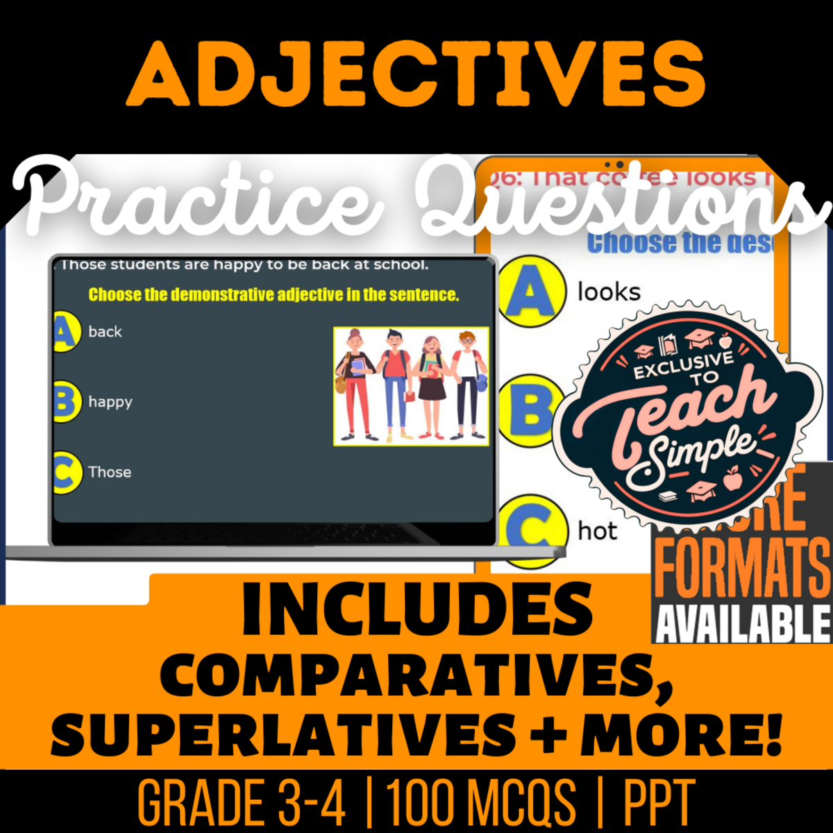 An educational teaching resource from Cored Education entitled Adjectives Practice Questions - Grade 3-4 Grammar (PPT) downloadable at Teach Simple.