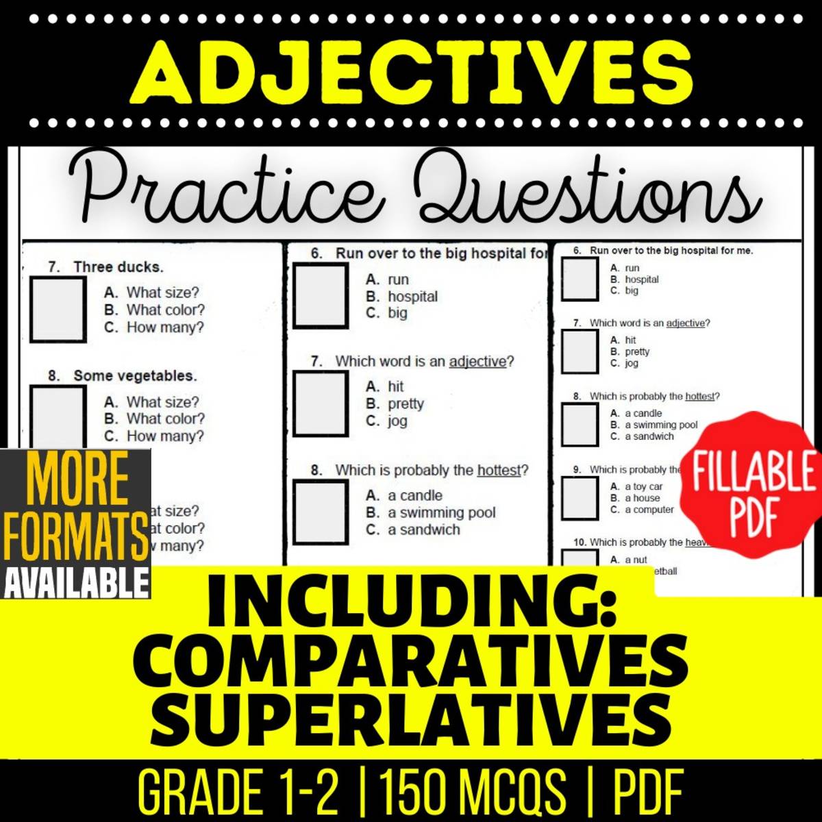 An educational teaching resource from Cored Education entitled Adjectives Practice Questions - Grades 1-2 Grammar (Fillable PDF) downloadable at Teach Simple.