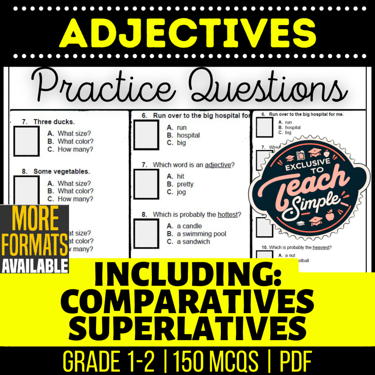 An educational teaching resource from Cored Education entitled Adjectives Practice Questions - Grades 1-2 Grammar (PDF) downloadable at Teach Simple.