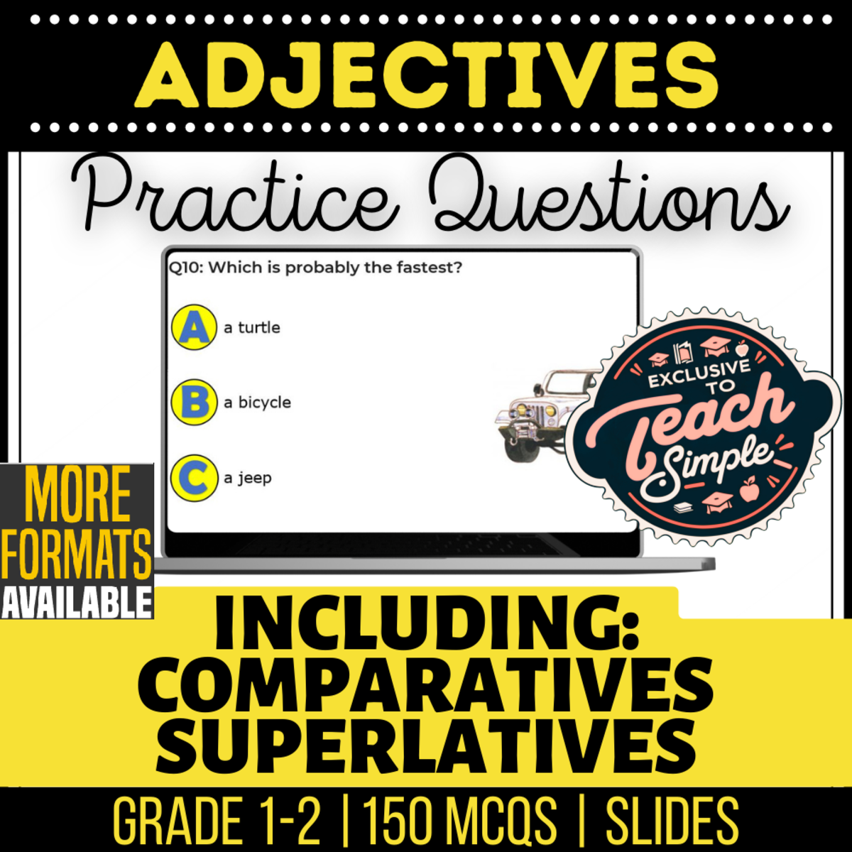 An educational teaching resource from Cored Education entitled Adjectives Practice Questions - Grades 1-2 Grammar (Slides) downloadable at Teach Simple.