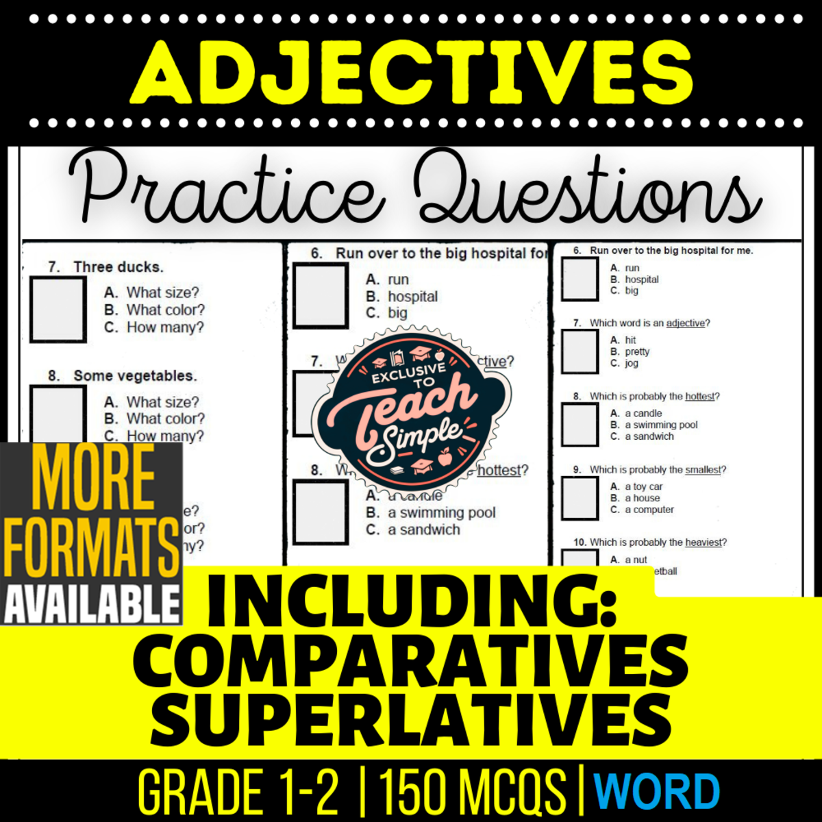An educational teaching resource from Cored Education entitled Adjectives Practice Questions - Grades 1-2 Grammar (Word) downloadable at Teach Simple.