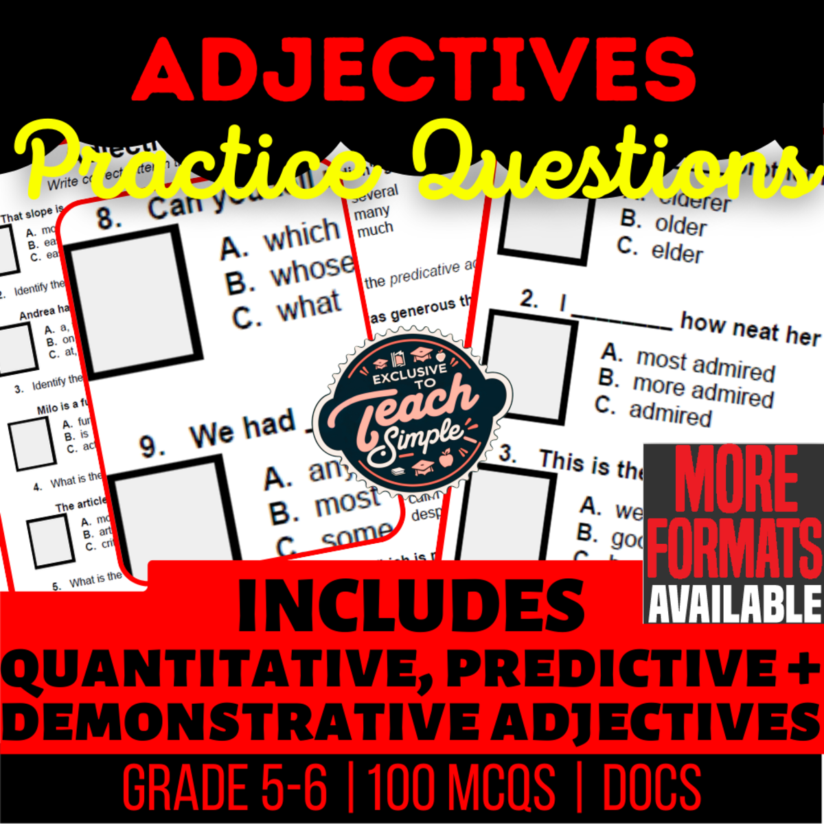 An educational teaching resource from Cored Education entitled Adjectives Practice Questions - Grammar Grade 5-6 (Docs) downloadable at Teach Simple.