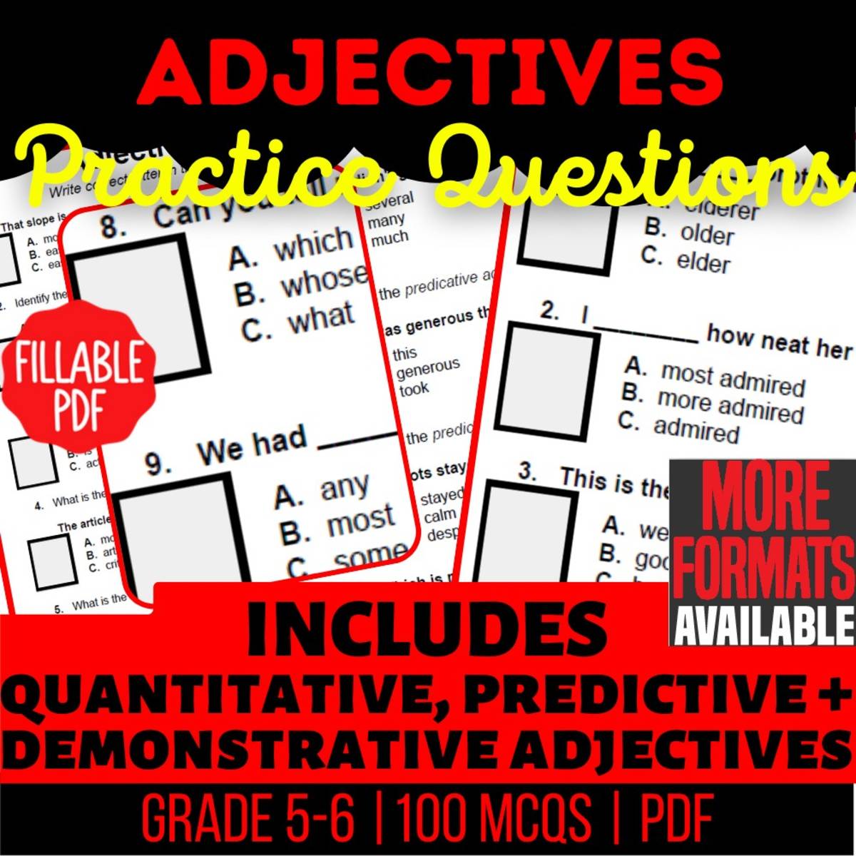 An educational teaching resource from Cored Education entitled Adjectives Practice Questions - Grammar Grade 5-6 (Fillable PDF) downloadable at Teach Simple.