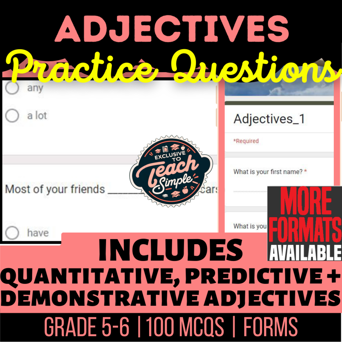 An educational teaching resource from Cored Education entitled Adjectives Practice Questions - Grammar Grade 5-6 (Forms) downloadable at Teach Simple.