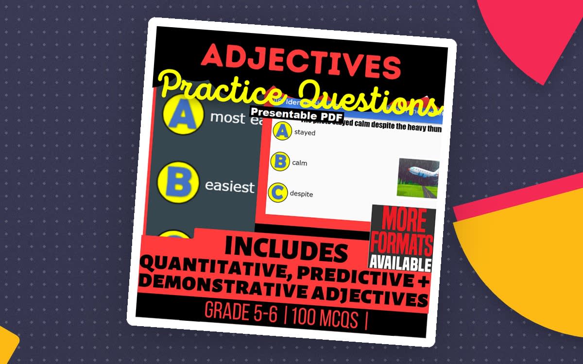 An educational teaching resource from Cored Education entitled Adjectives Practice Questions - Grammar Grade 5-6 (Presentable PDF) downloadable at Teach Simple.