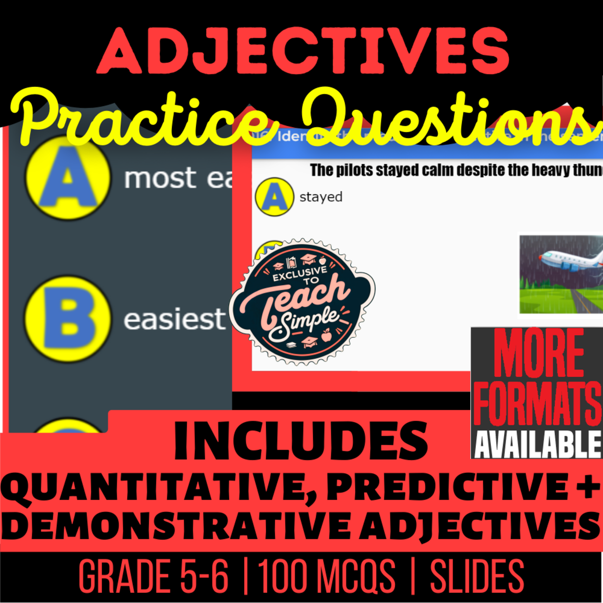 An educational teaching resource from Cored Education entitled Adjectives Practice Questions - Grammar Grade 5-6 (Slides) downloadable at Teach Simple.