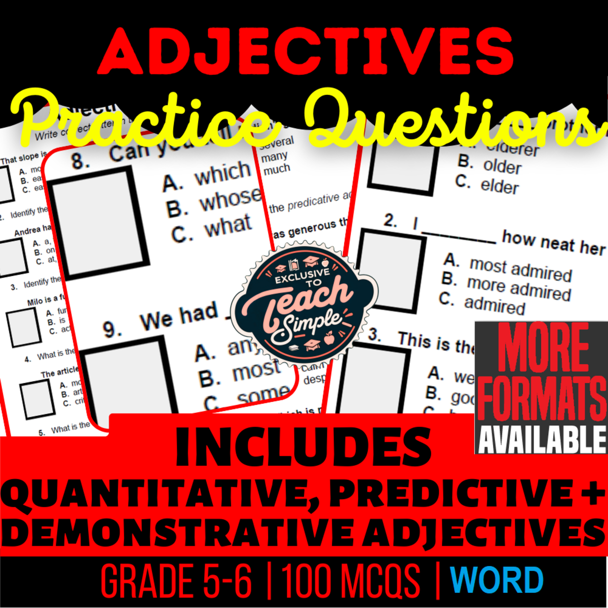 An educational teaching resource from Cored Education entitled Adjectives Practice Questions - Grammar Grade 5-6 (Word) downloadable at Teach Simple.