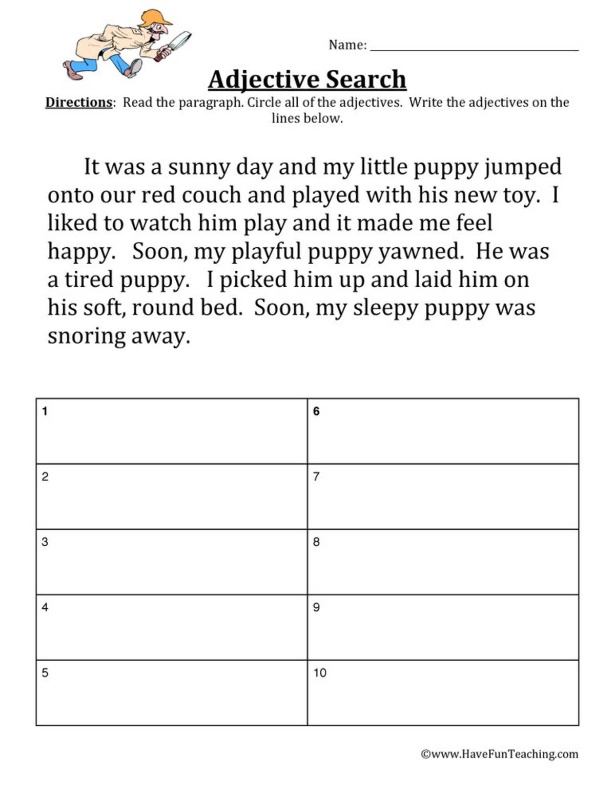 An educational teaching resource from Have Fun Teaching entitled Adjectives Puppy Story Worksheet downloadable at Teach Simple.
