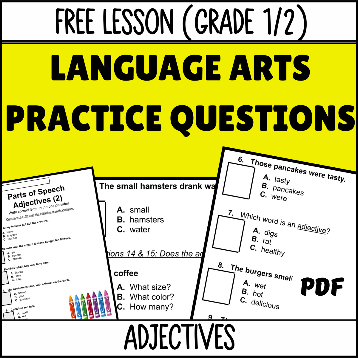 An educational teaching resource from Cored Education entitled Adjectives Sample - Grades 1-2 Grammar (PDF) downloadable at Teach Simple.