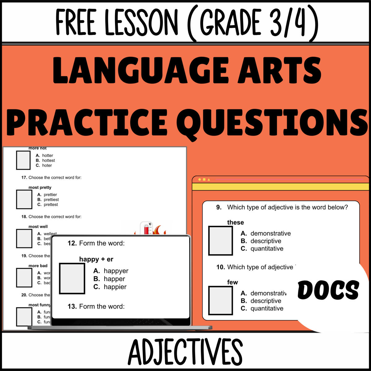 An educational teaching resource from Cored Education entitled Adjectives Sample Grades 3-4 Grammar (Google Docs) downloadable at Teach Simple.