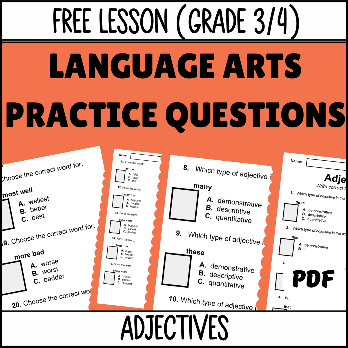 An educational teaching resource from Cored Education entitled Adjectives Sample Grades 3-4 Grammar (PDF) downloadable at Teach Simple.