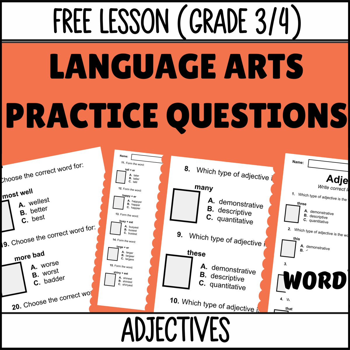 An educational teaching resource from Cored Education entitled Adjectives Sample Grades 3-4 Grammar (Word) downloadable at Teach Simple.