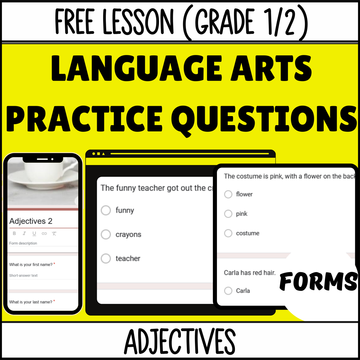 An educational teaching resource from Cored Education entitled Adjectives Sample Lesson - Grades 1-2 Grammar (Forms) downloadable at Teach Simple.