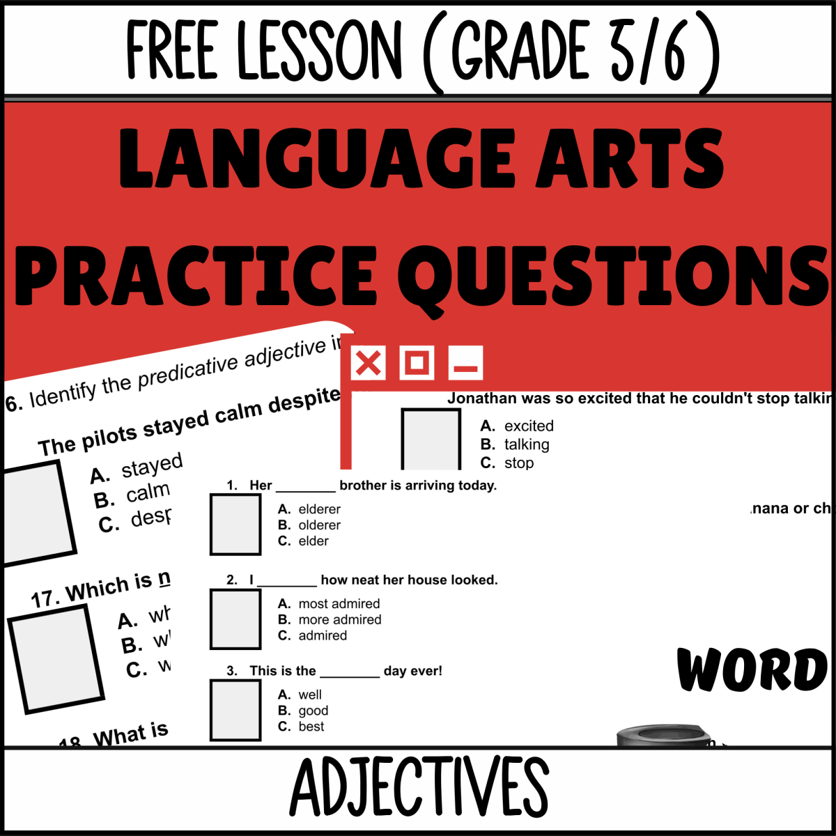 An educational teaching resource from Cored Education entitled Adjectives Sample Lesson - Grammar Grade 5-6 (Word) downloadable at Teach Simple.