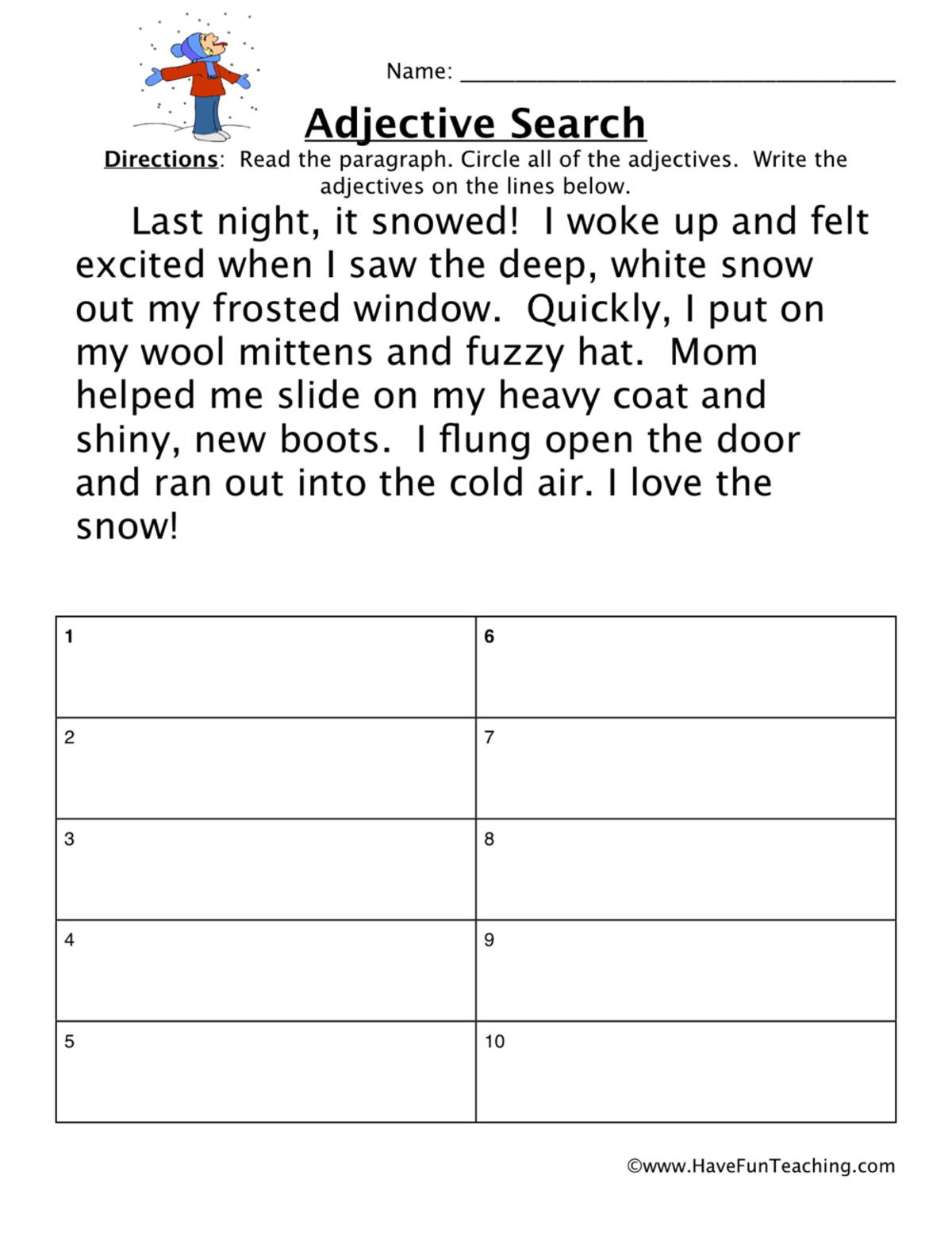 An educational teaching resource from Have Fun Teaching entitled Adjectives Snow Story Worksheet downloadable at Teach Simple.
