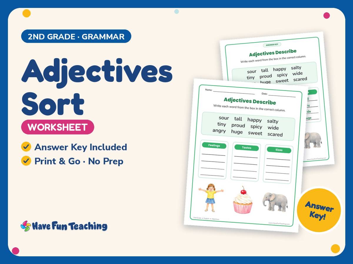 Adjectives Sort Worksheet – 2nd Grade Grammar Practice + Answer Key preview