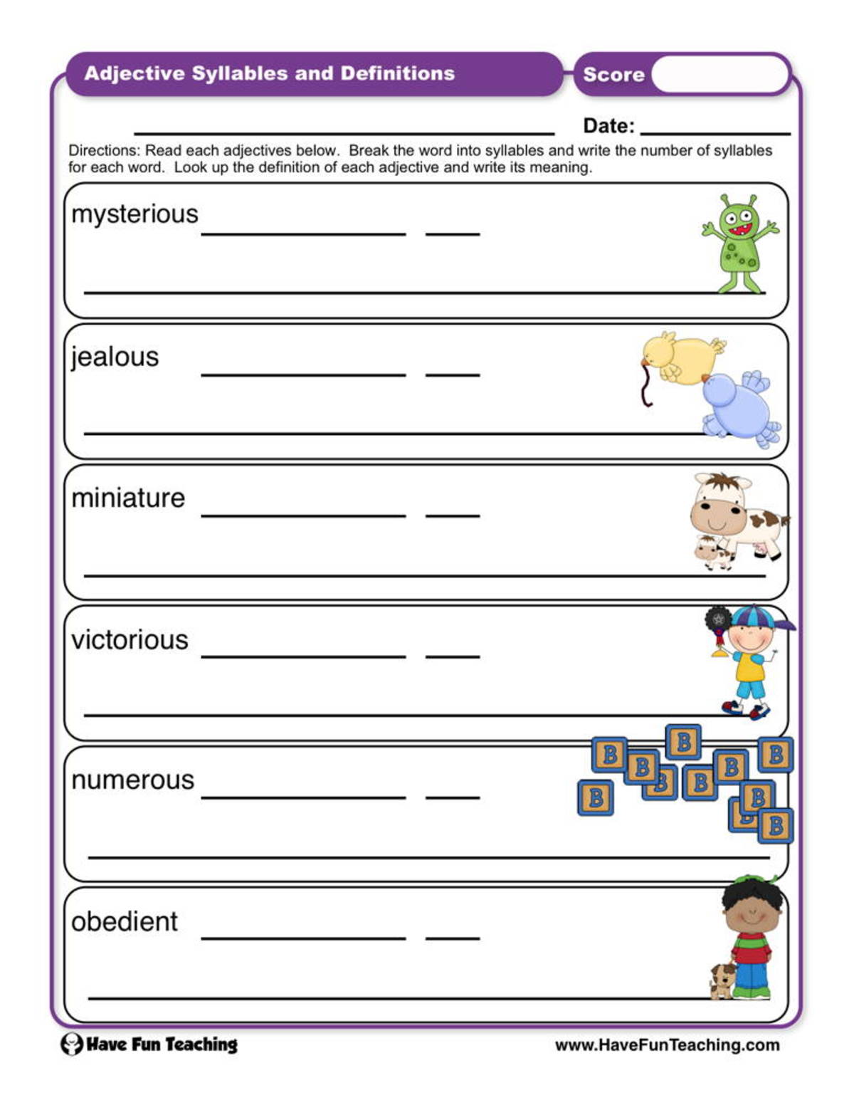 An educational teaching resource from Have Fun Teaching entitled Adjectives Syllables and Definitions Worksheet downloadable at Teach Simple.