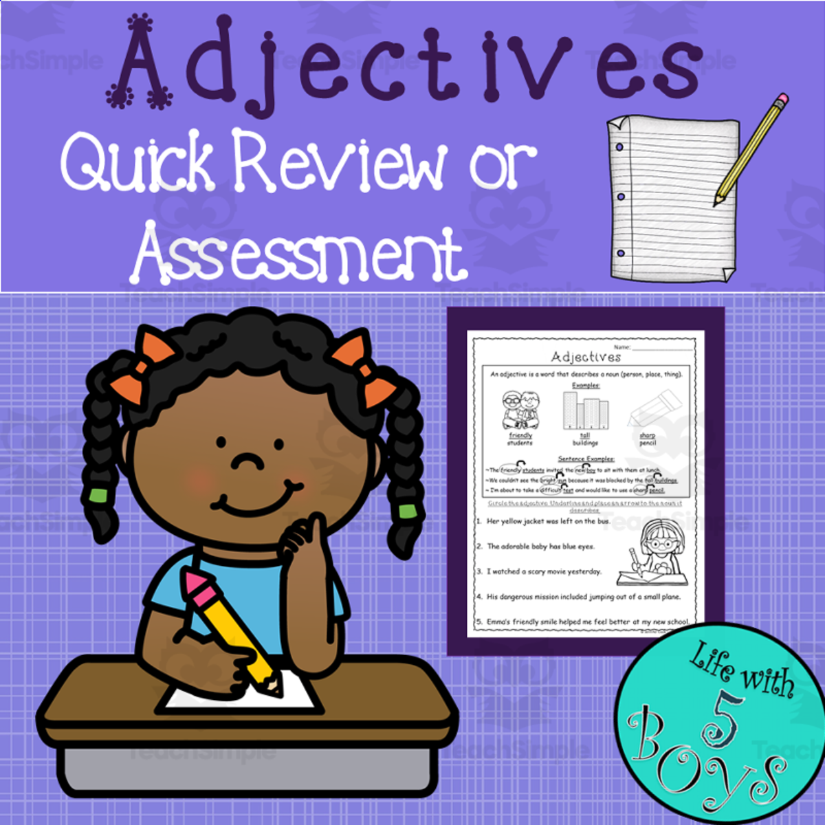 An educational teaching resource from Life with 5 Boys entitled Adjectives Worksheet downloadable at Teach Simple.