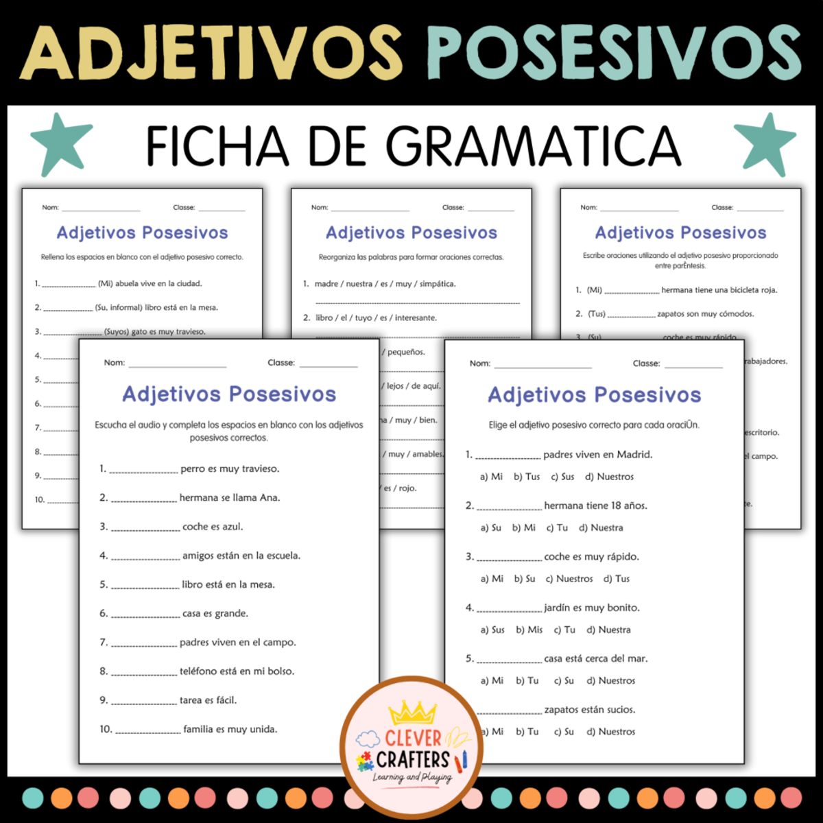 An educational teaching resource from Clever Crafters entitled Adjetivos Posesivos - Possessive Adjectives Worksheets in Spanish downloadable at Teach Simple.