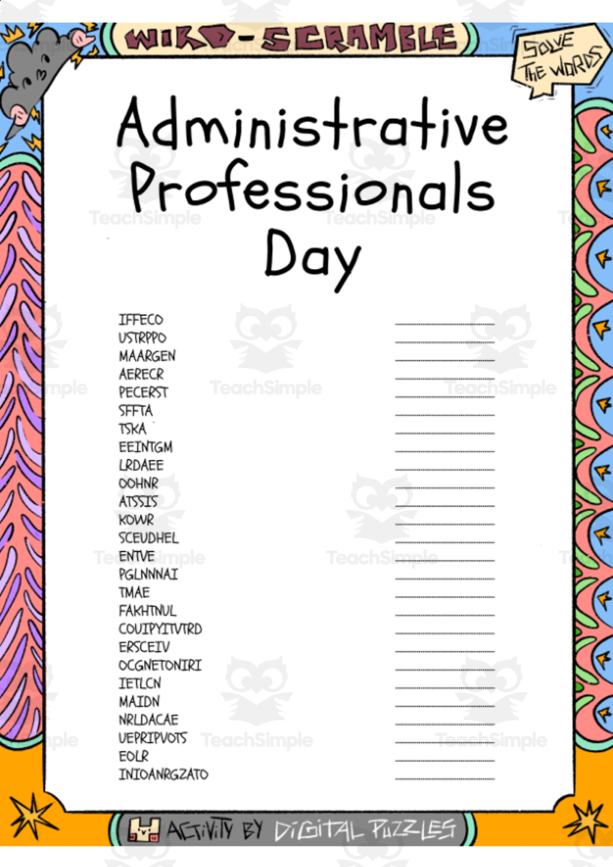 An educational teaching resource from Lapiiin Art Activities entitled Administrative Professionals Day word Scramble puzzle worksheet downloadable at Teach Simple.