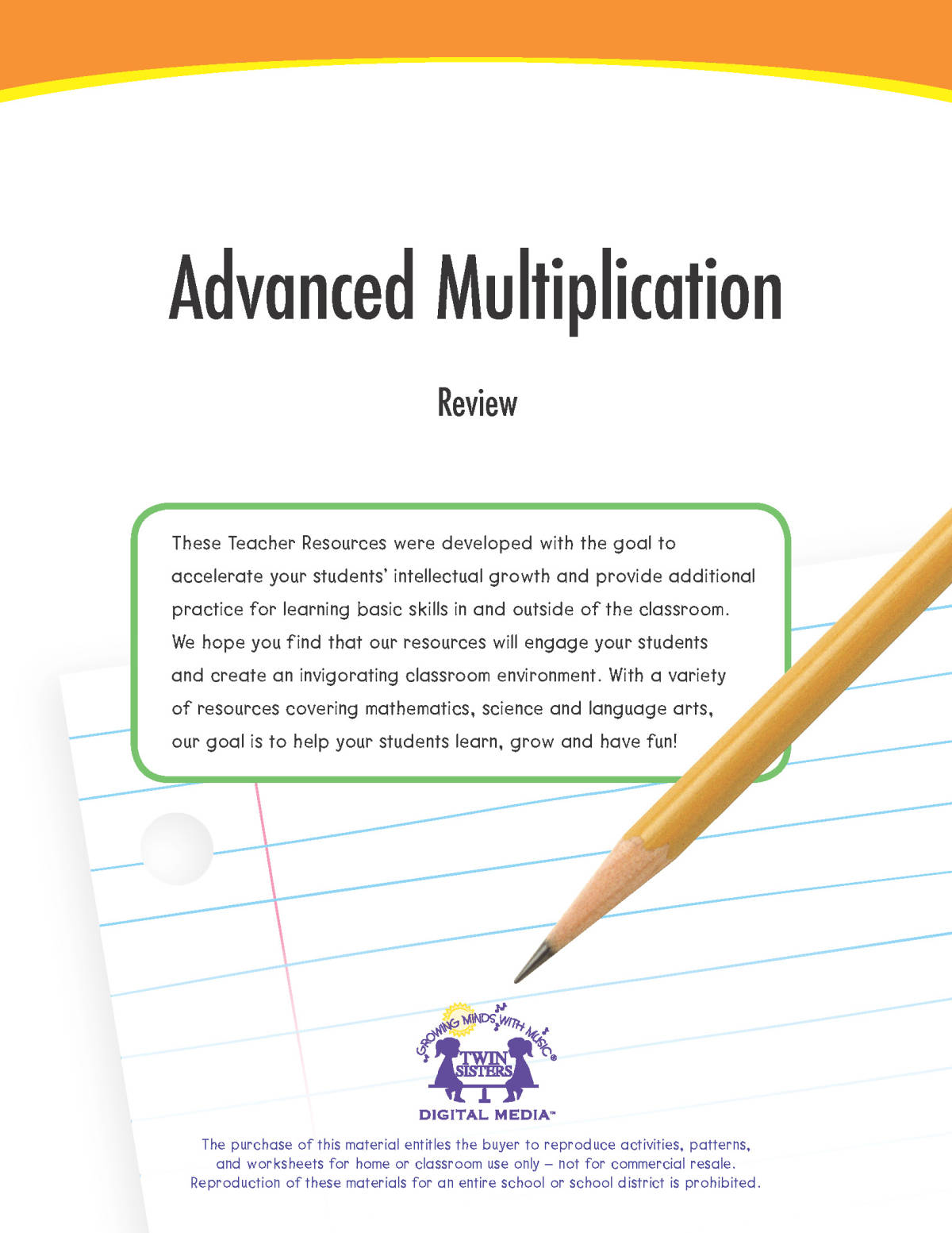 An educational teaching resource from Twin Sisters Digital Media entitled Advanced Multiplication Review Printable Workbook downloadable at Teach Simple.