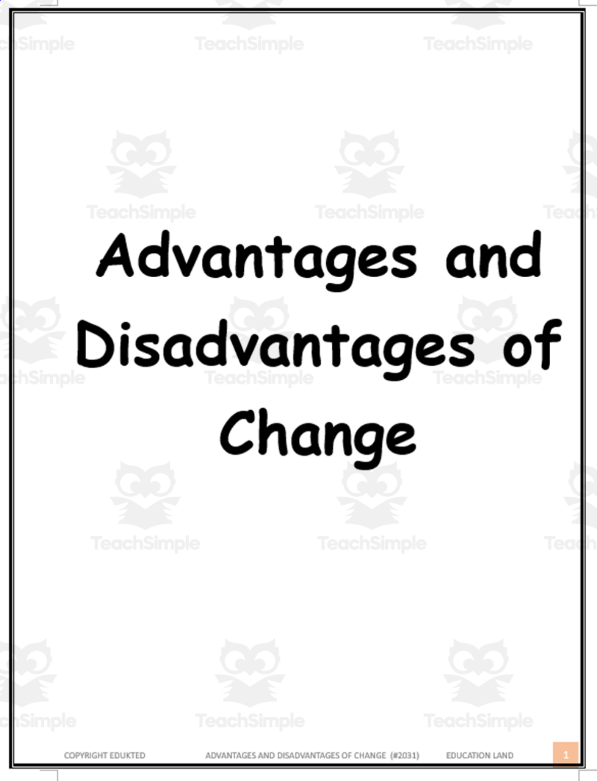 An educational teaching resource from Learn it ANY way entitled Advantages and disadvantages of change (#2031) downloadable at Teach Simple.