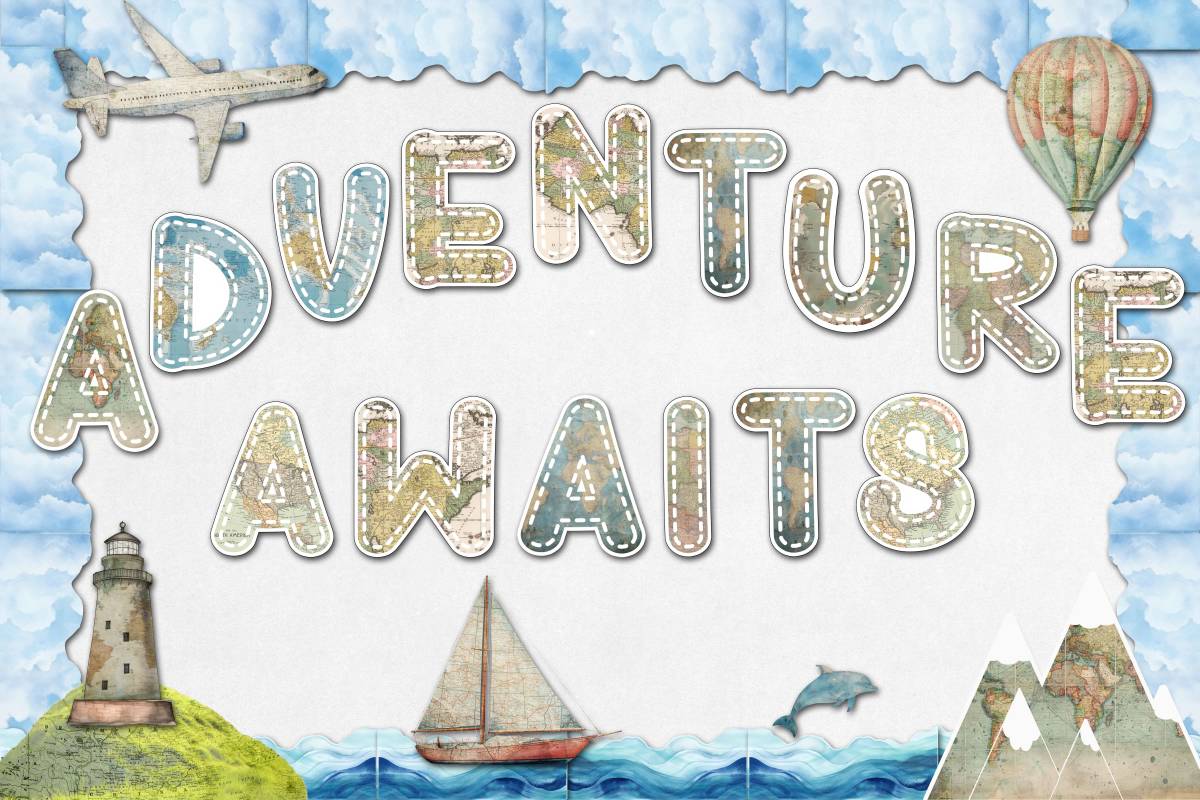 An educational teaching resource from Forever June Digital Design entitled ADVENTURE BULLETIN BOARDS LETTERS, CLIP ART, BORDERS & GRAPHICS downloadable at Teach Simple.