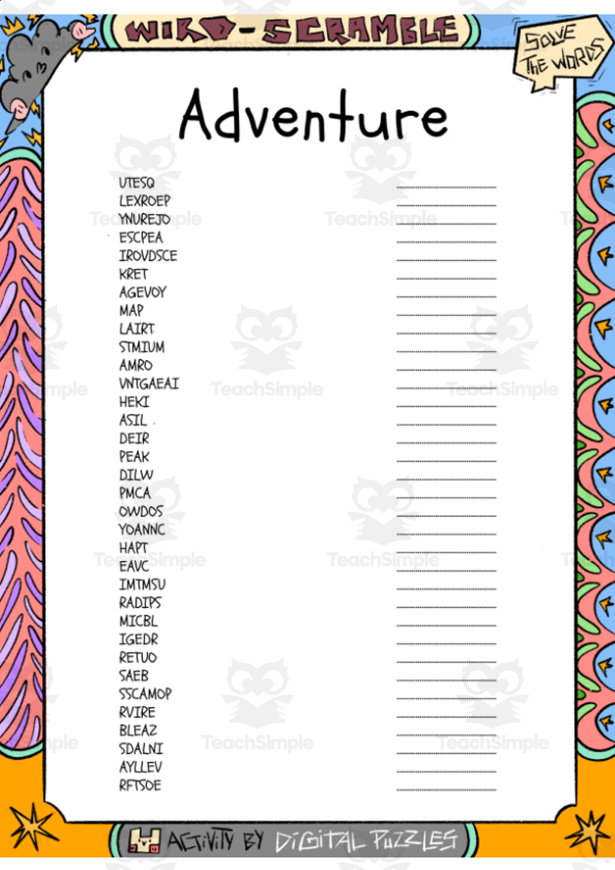 An educational teaching resource from Lapiiin Art Activities entitled Adventure word Scramble puzzle worksheet downloadable at Teach Simple.