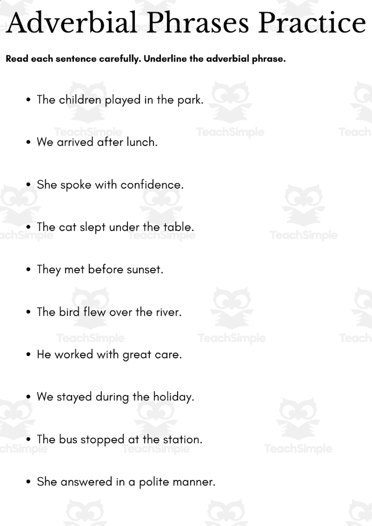 An educational teaching resource from MultiLingual Grammar Lab entitled adverbial phrases worksheet for class 7 downloadable at Teach Simple.