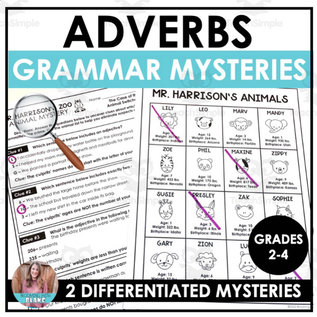 An educational teaching resource from Blooming with Blake entitled Adverbs Animal Mysteries Activity downloadable at Teach Simple.