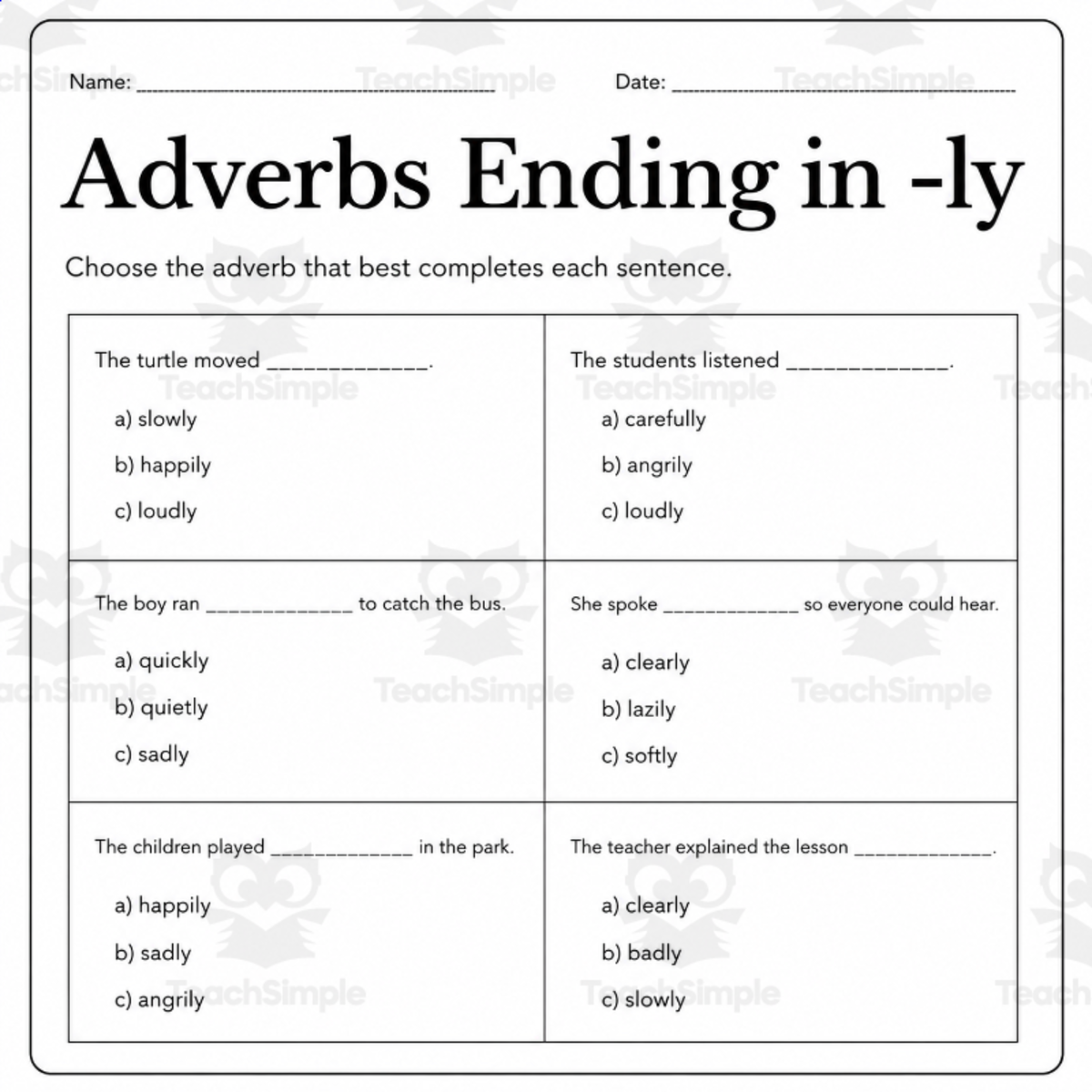 An educational teaching resource from Smart Learning Press entitled Adverbs Ending in -ly Worksheets | Adverbs of Manner Grammar Practice downloadable at Teach Simple.