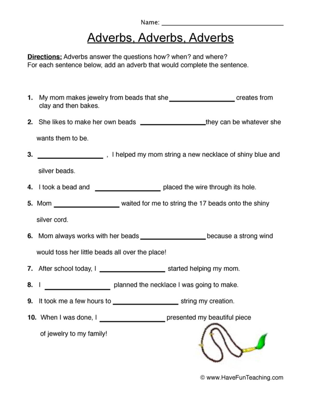 An educational teaching resource from Have Fun Teaching entitled Adverbs Jewelry Making Worksheet downloadable at Teach Simple.