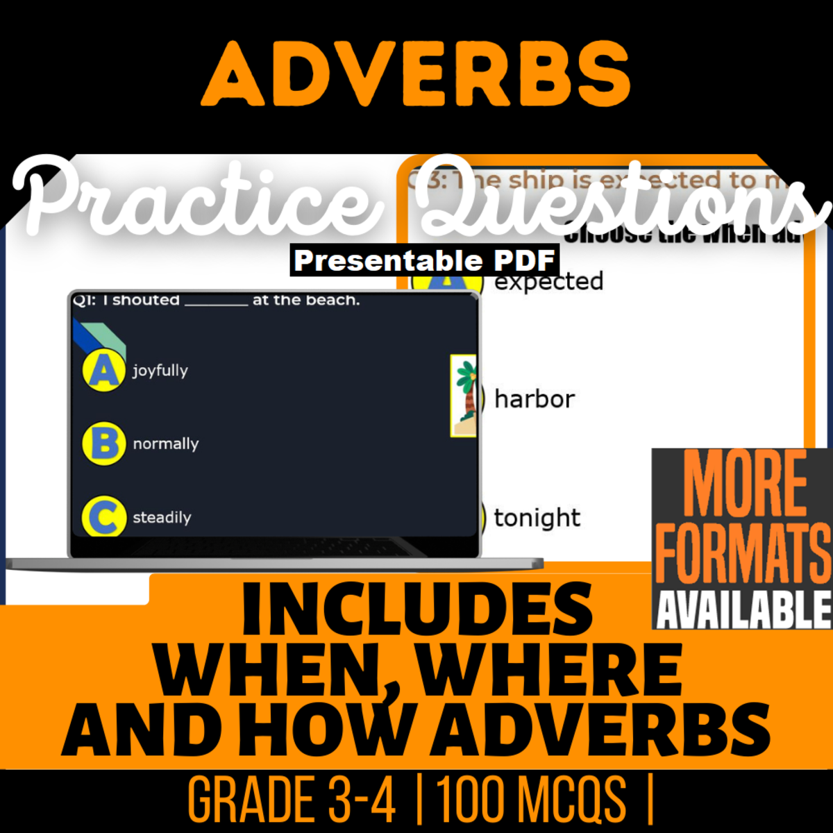 An educational teaching resource from Cored Education entitled Adverbs Practice Questions - Grades 3-4 Grammar (Presentable PDF) downloadable at Teach Simple.