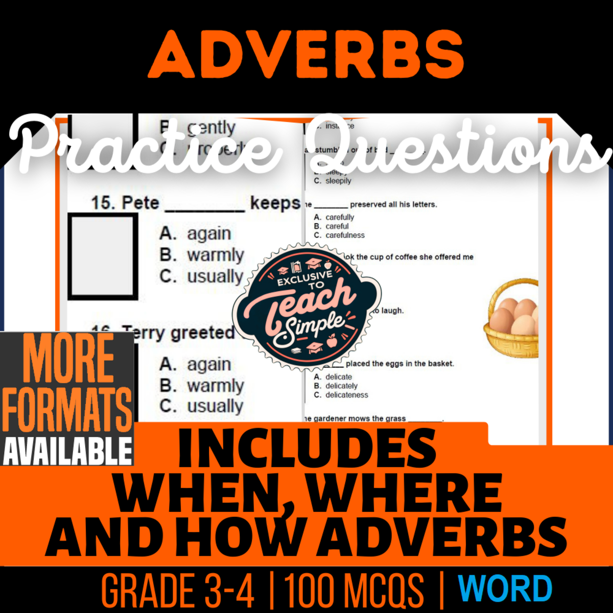 An educational teaching resource from Cored Education entitled Adverbs Practice Questions - Grades 3-4 Grammar (Word) downloadable at Teach Simple.