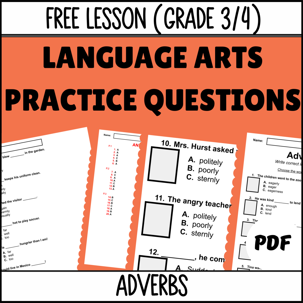 An educational teaching resource from Cored Education entitled Adverbs Sample Lesson Grades 3-4 Grammar (PDF) downloadable at Teach Simple.