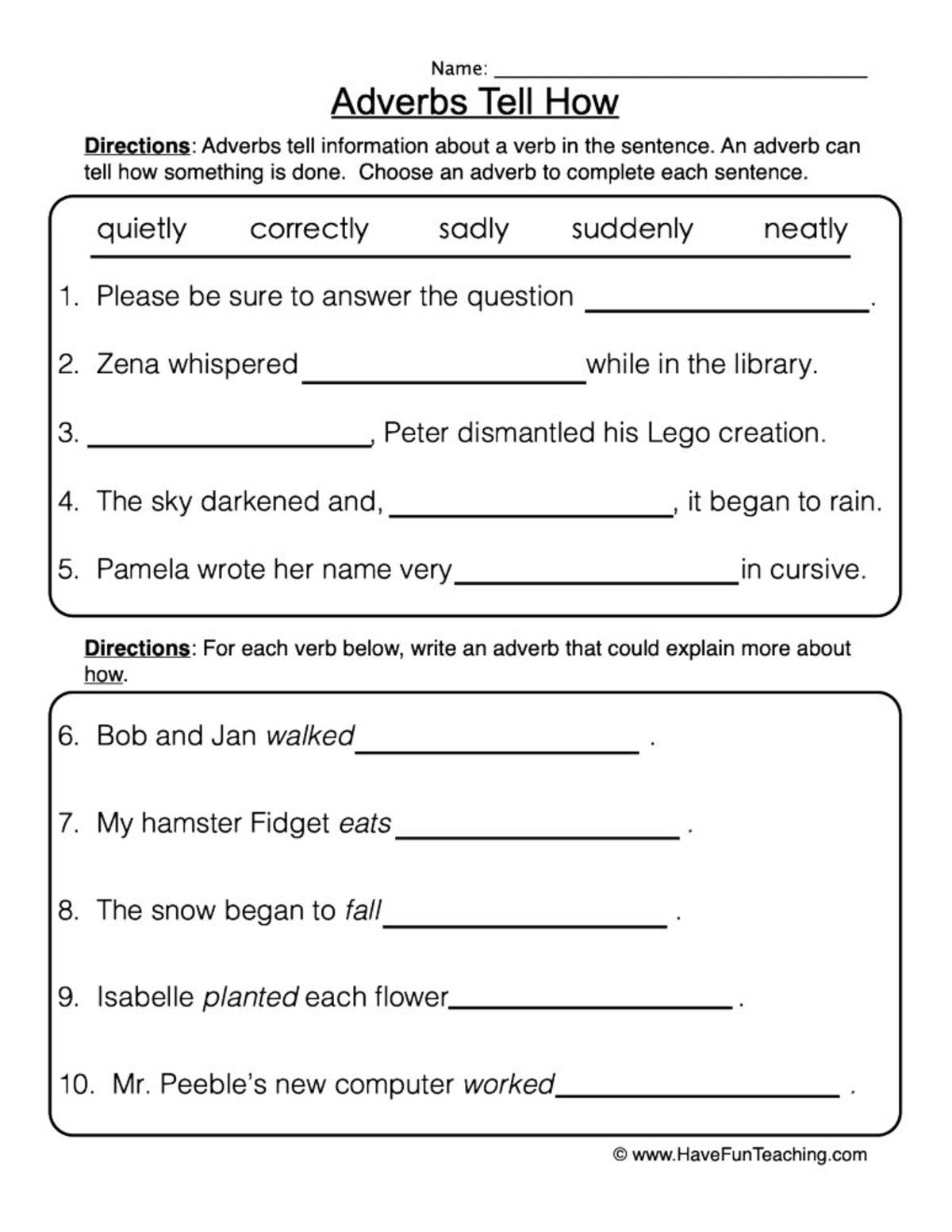 An educational teaching resource from Have Fun Teaching entitled Adverbs Tell How Worksheet downloadable at Teach Simple.