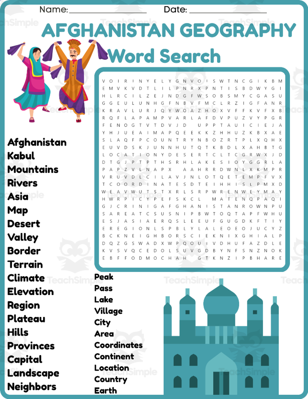 An educational teaching resource from space shope entitled AFGHANISTAN GEOGRAPHY Word Search Puzzle Worksheet Activity downloadable at Teach Simple.