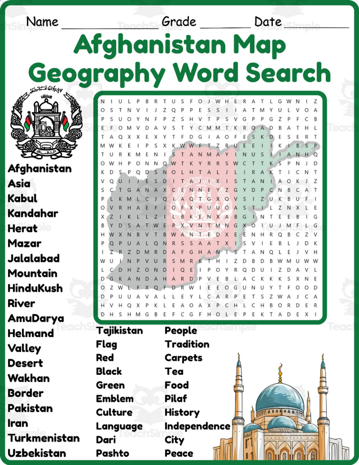 An educational teaching resource from Classsimple entitled Afghanistan Map Geography Word Search 2rd 3th 4th 5th Grade worksheet downloadable at Teach Simple.